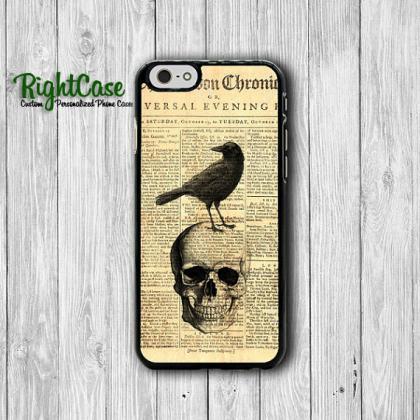 Old Newspaper Skull Crow Iphone 6 Cover, Vintage..