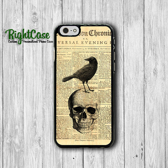 Old Newspaper Skull Crow Iphone 6 Cover, Vintage Deadly Hallloween Iphone 6 Plus, Iphone 5s, Iphone 4s Hard Case, Rubber Accessories Gift#1-64